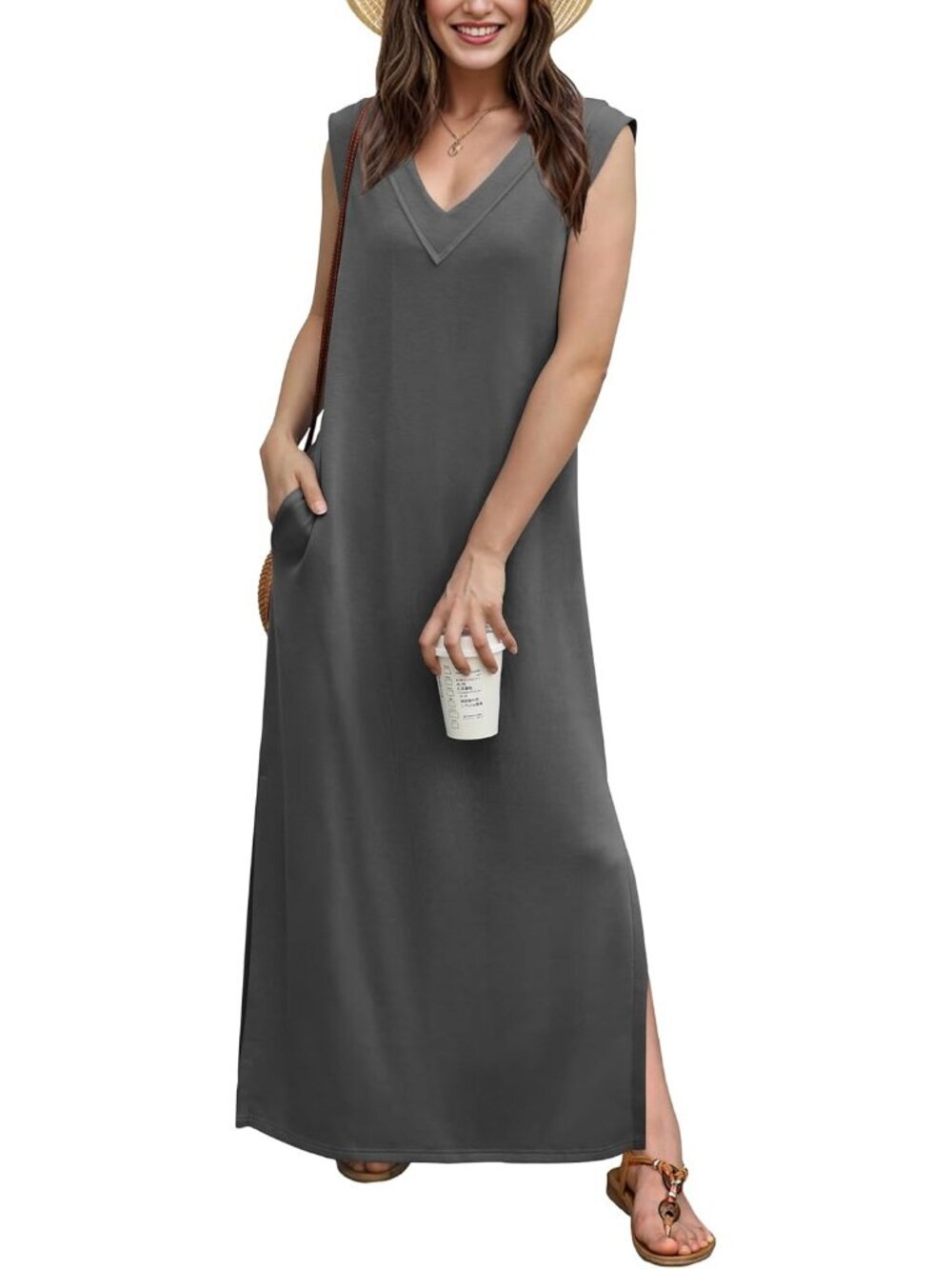 Women's Grey  Summer Maxi Dress V-Neck Sleeveless Casual Loose Split Long Dress